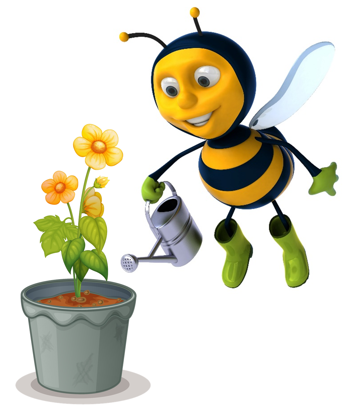 Image shows a bumble bee watering spring flowers wearing gardening boots and gloves