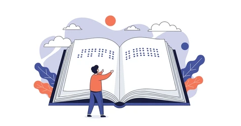 image shows a giant book opened with dots representing Braille on it's pages. There is a person looking at the book appearing to be learning from it. 